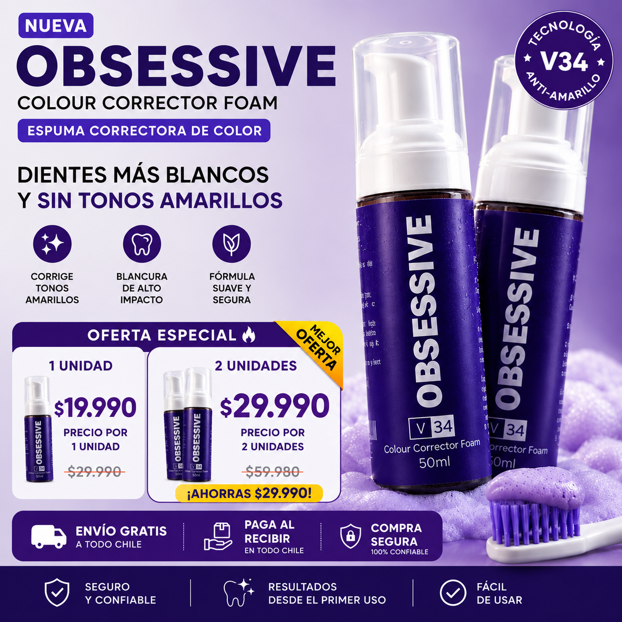 OBSESSIVE V34 Pack 2x | Pasta Dental Blanqueadora Corrector de Color